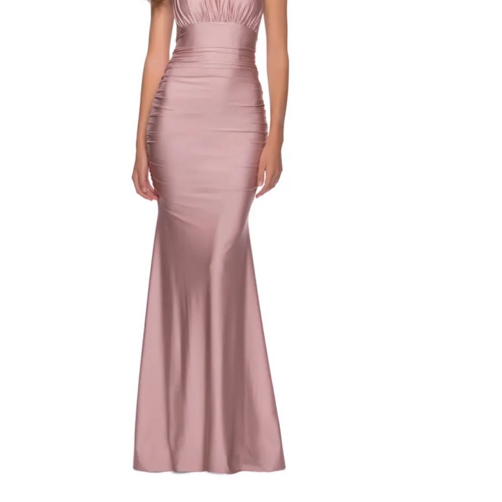 La Femme Pink Ruched Sweetheart Maxi Gown